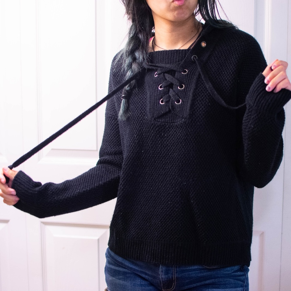 FALLS CREEK Knit Lace Up Hooded Sweater